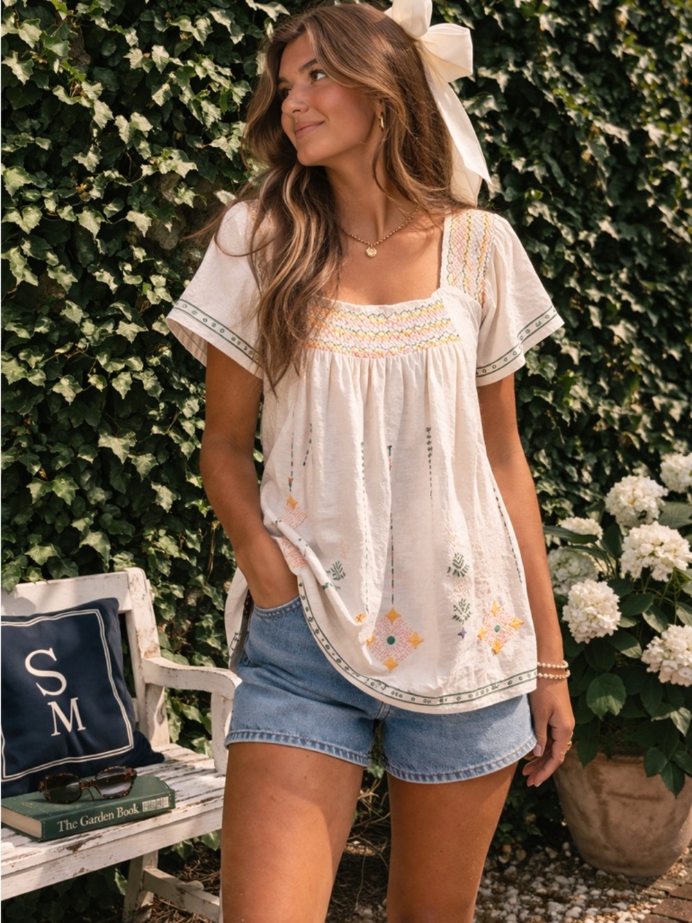 ROBERTA FREYMANN Cream Embroidered Smocked Blouse, XS